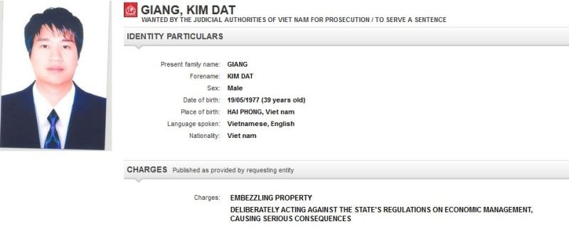 Phần đăng tin truy nã Giang Kim Đạt trên trang Interpol - Cập nhật lúc 11h30 tối giờ VN