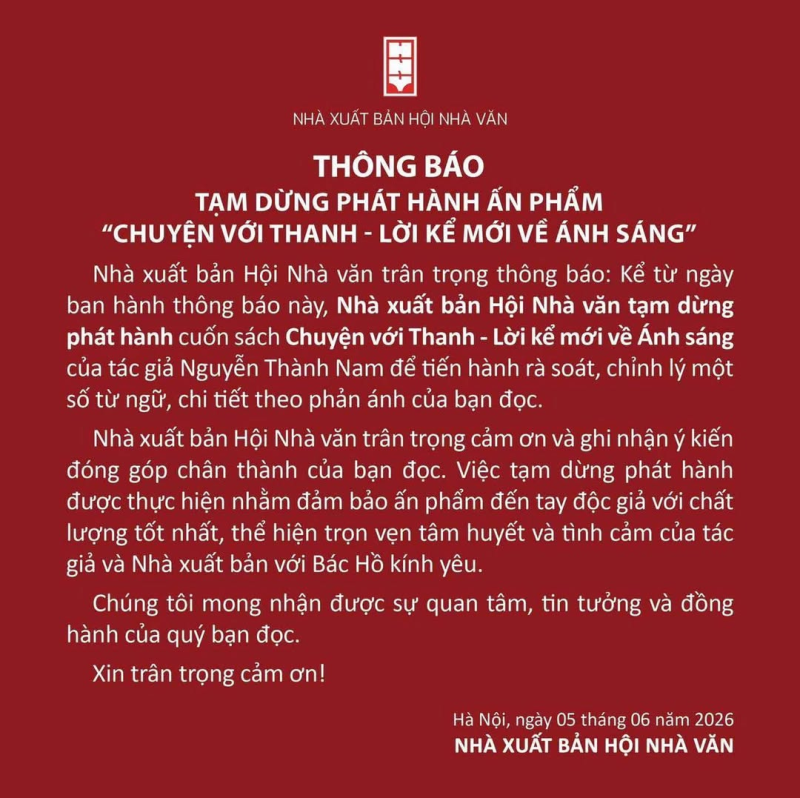 Thông báo tạm dừng phát hành sách “Chuyện với Thanh” của Nhà xuất bản Hội Nhà Văn. Bài đăng hiện tại đã bị gỡ.