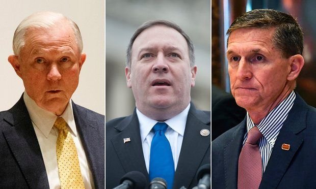 Jeff Sessions, Mike Pompeo, Michael Flynn: Ba bổ nhiệm nội các là những cá nhân bảo thủ cứng rắn, cho thấy ông Trump có thể không "hiền hòa chừng mực được lâu dài (Ảnh: AP/AFP)